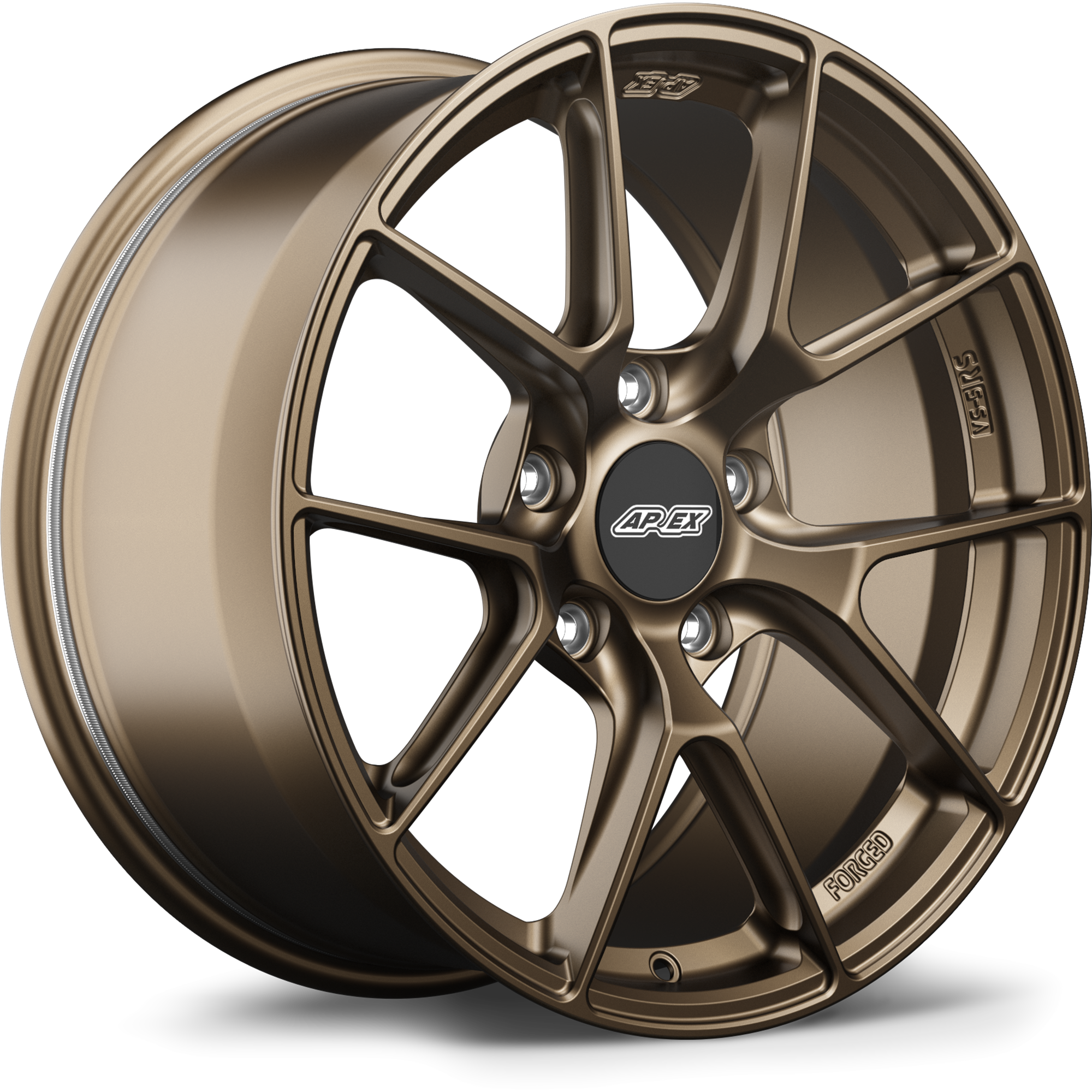 Bronze finished alloy wheel with split-spoke design, black center cap with white logo, five lug bolt pattern - APEX Wheels wheel for 18x9 ET46 5x130 - Satin Bronze