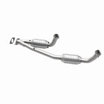 MagnaFlow 4451353 carb direct-fit catalytic converter, opposite rear three-quarter view of the turntable spin