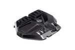 Eventuri S58 carbon engine cover on a white background, low rear three-quarter view