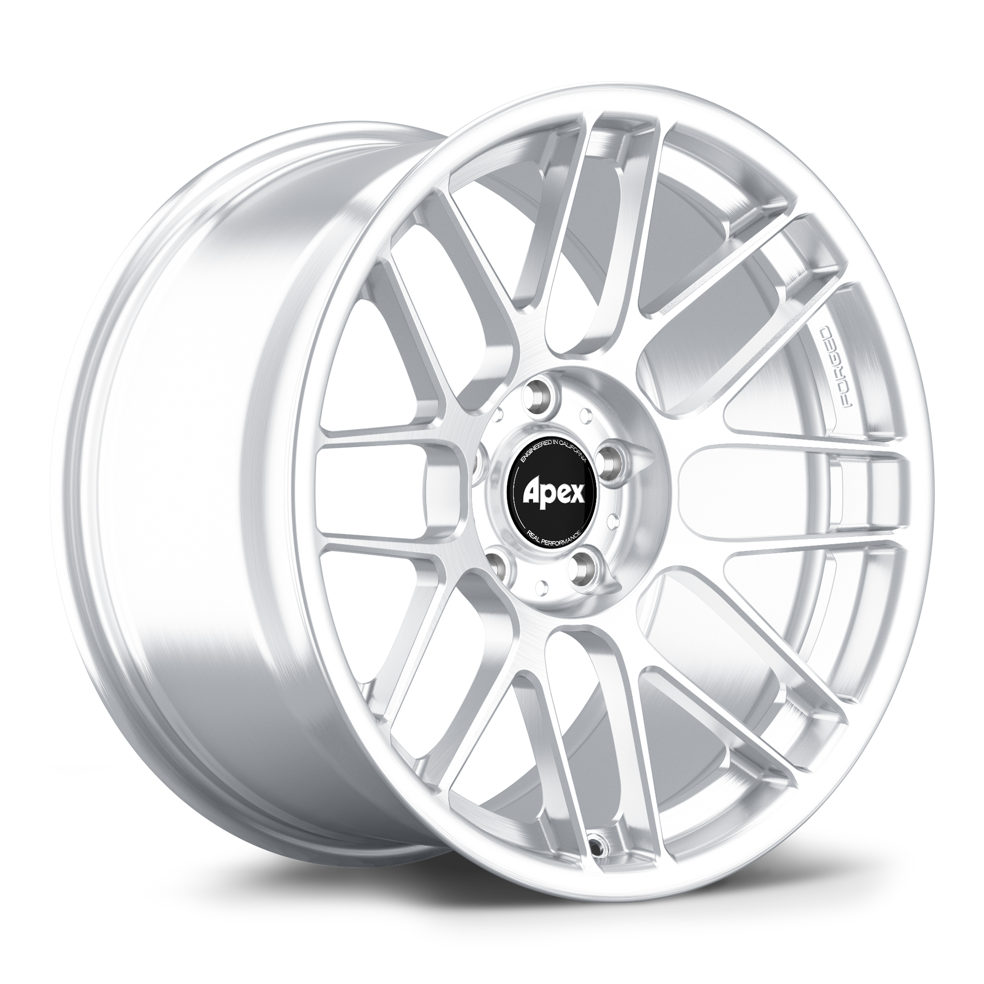 Silver alloy wheel with multi-spoke design and black center cap on white background - APEX Wheels wheel for 18x10 ET25 5x120 - Brushed Clear