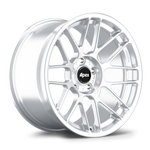 Silver alloy wheel with multi-spoke design and black center cap on white background - APEX Wheels wheel for 18x10 ET25 5x120 - Brushed Clear