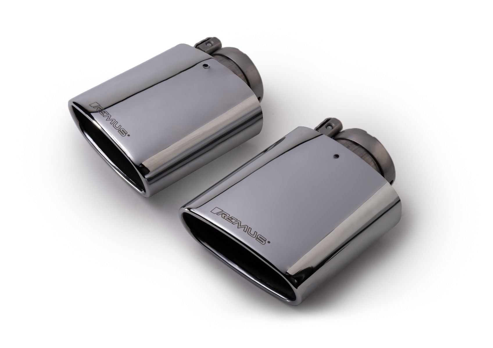 Pair of oval chrome angled tail pipes, Chrome Angled 142x72mm tip option for the Remus Mk7 GTI Axle-Back Exhaust GPF