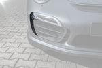 A close up view of TECHART Front Grilles Airblades Carbon, "matt" for Porsche 991 Turbo S up to MY16 with the grilles highlighted