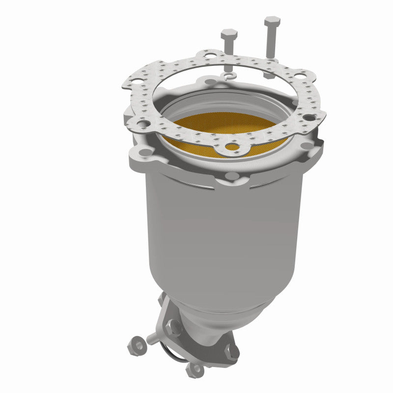 MagnaFlow 5411652 carb direct-fit catalytic converter, opposite rear three-quarter view of the turntable spin