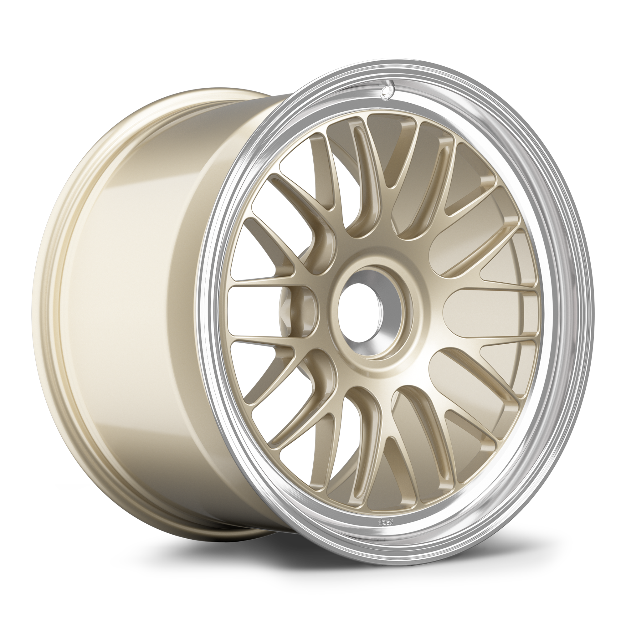 Two-piece forged wheel with gold center and polished aluminum outer lip featuring multi-spoke design - APEX Wheels wheel for 19x12 ET46 PSCL - Gloss Motorsport Gold - Machined Lip