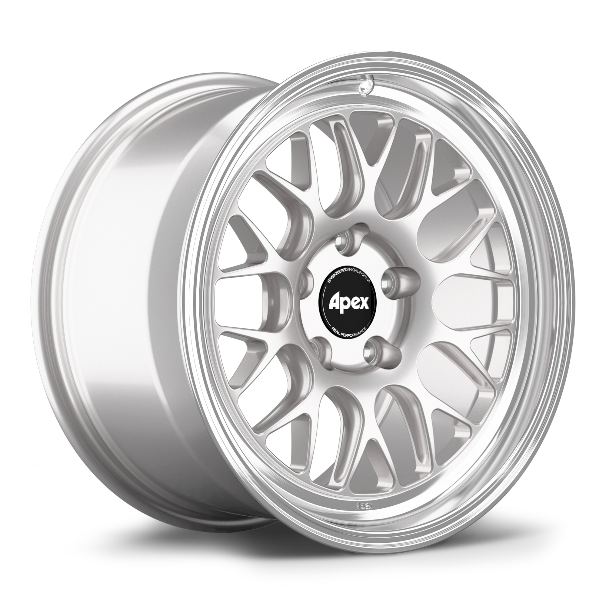 Two silver forged aluminum wheels with multi-spoke design and black center caps on white background - APEX Wheels wheel for 17x9.5 ET35 5x120 - Race Silver - Machined Lip