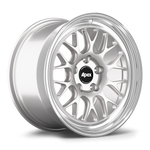 Two silver forged aluminum wheels with multi-spoke design and black center caps on white background - APEX Wheels wheel for 17x9.5 ET35 5x120 - Race Silver - Machined Lip
