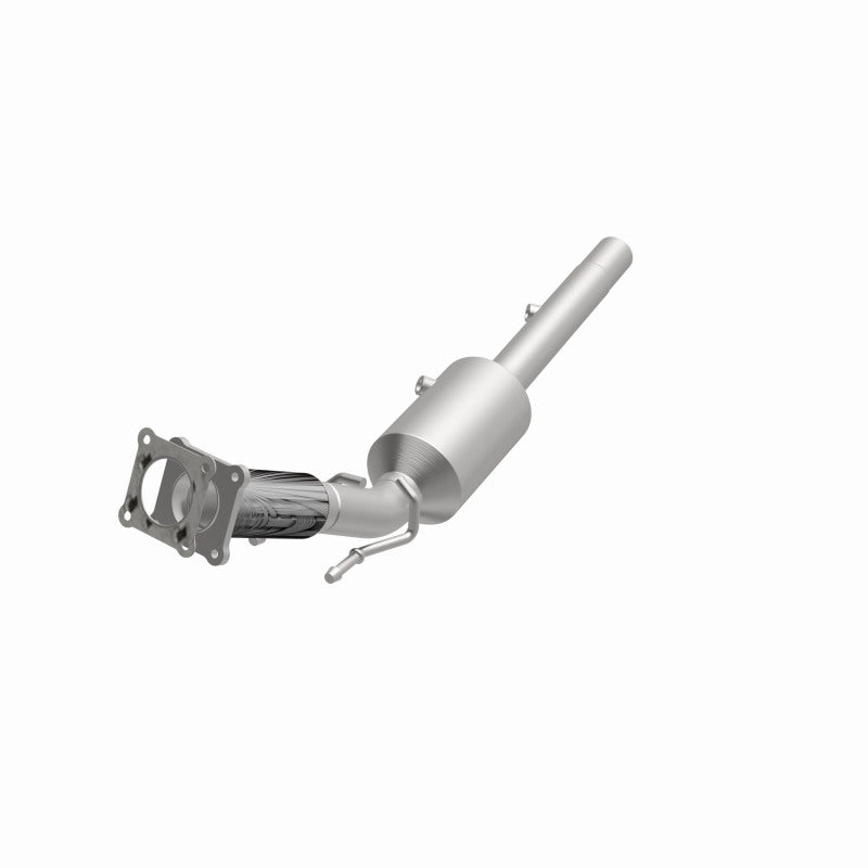 MagnaFlow 5561377 carb direct-fit catalytic converter, opposite front three-quarter view of the turntable spin