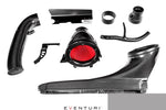 Complete intake system components including carbon fiber tubes, red conical filter, black brackets, and mounting hardware on white background - Eventuri intake for Audi RS3