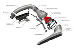 Exploded technical diagram showing intake system components with carbon tubes, red filter, and labeled parts - Eventuri intake for Audi RS3