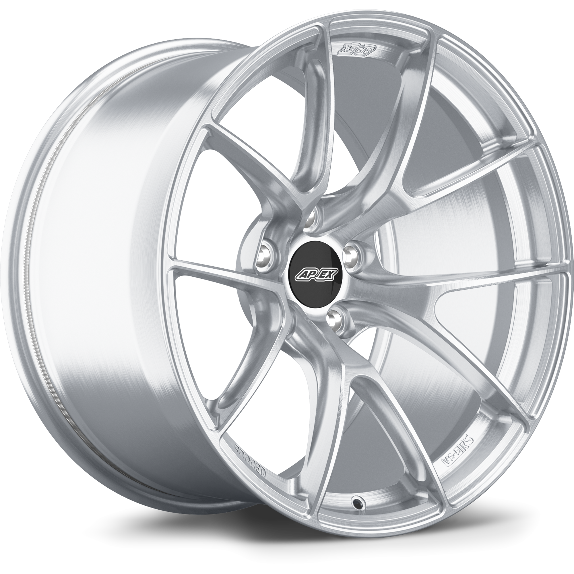 Silver aluminum wheel with five-spoke design and brushed finish isolated on white background - APEX Wheels wheel for 19x10 ET12 5x112 - Brushed Clear