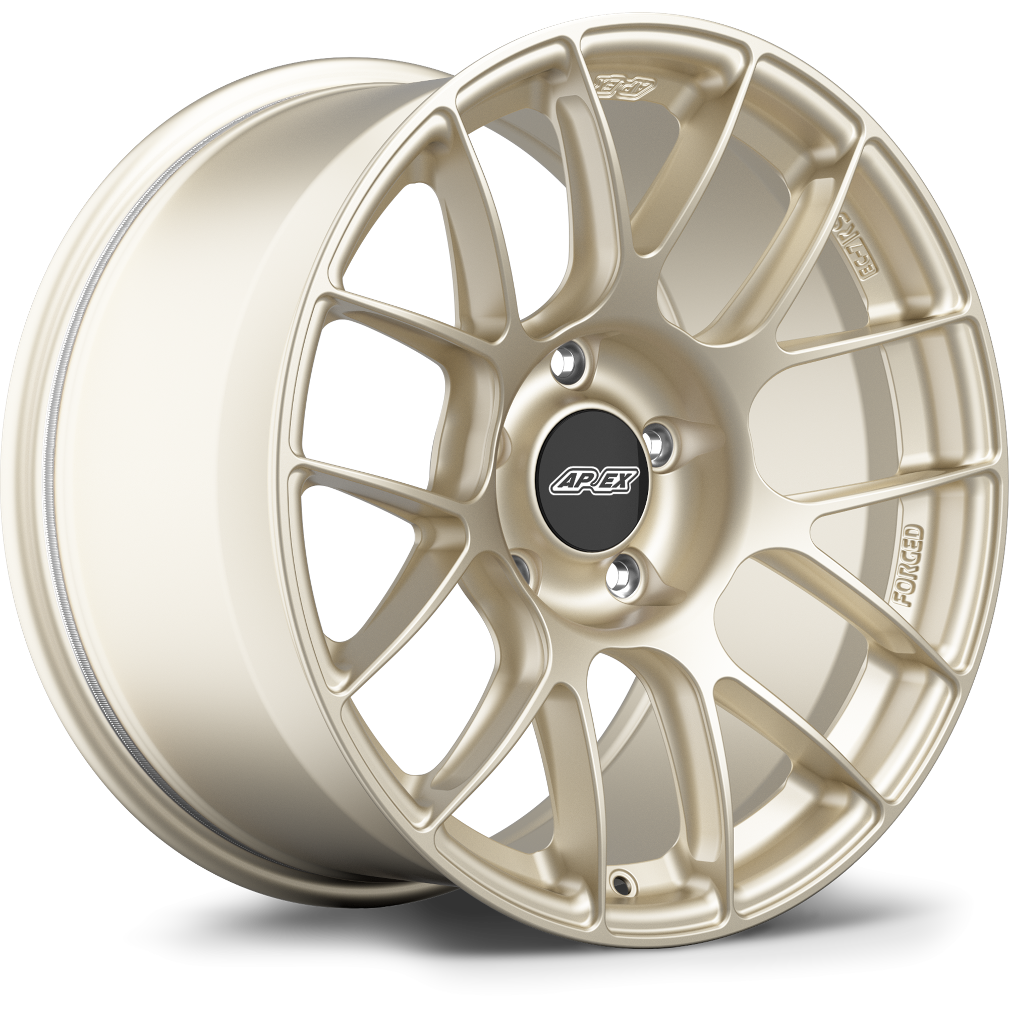 Gold finished alloy wheel with multi-spoke design featuring black center cap and five bolt holes - APEX Wheels wheel for 18x9 ET30 5x120 - Motorsport Gold