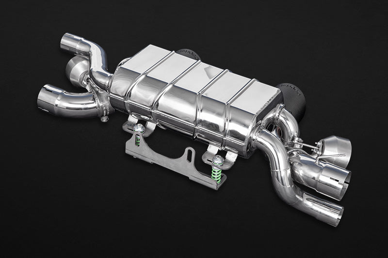 Capristo Porsche 991.2 Carrera/GTS valved muffler rear view with black carbon tips