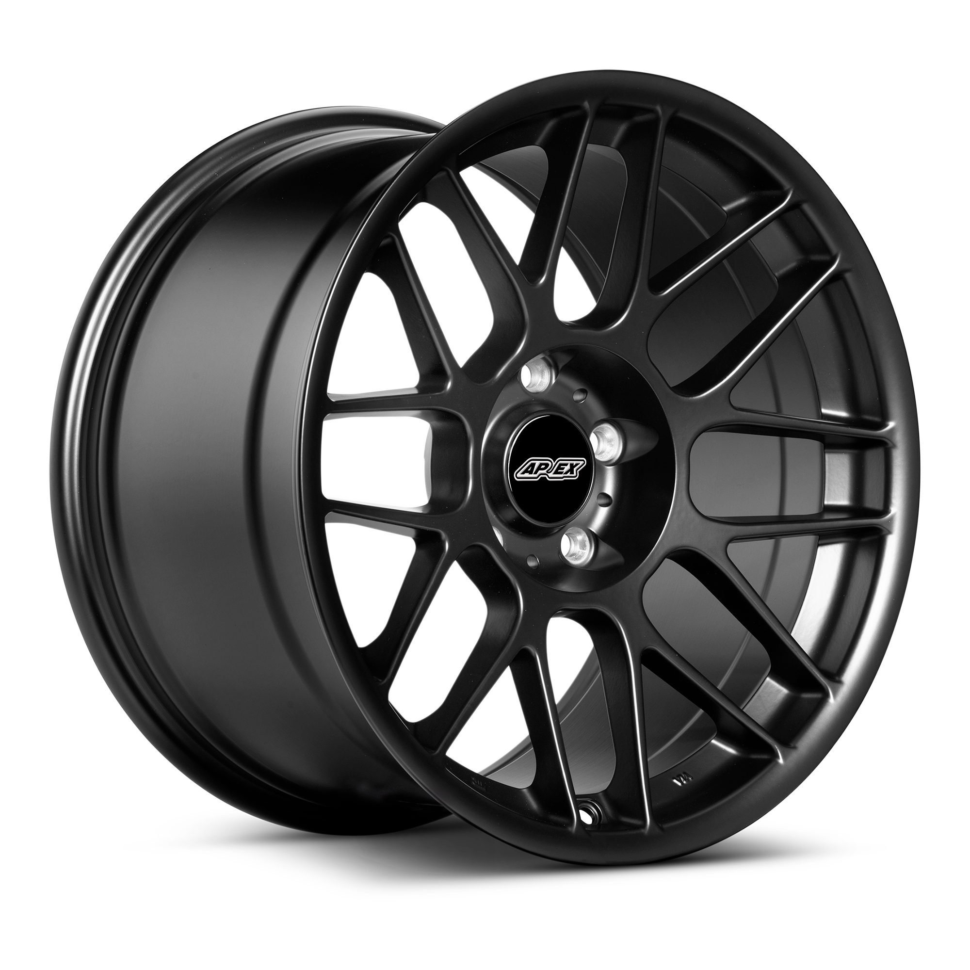 Black multi-spoke alloy wheel with center cap displayed at angle on white background - APEX Wheels wheel for 18x10.5 ET22 5x120 - Satin Black