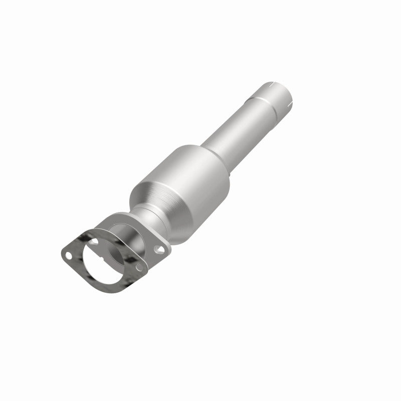 MagnaFlow 21-989 oem grade direct-fit catalytic converter, opposite front three-quarter view of the turntable spin