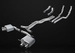 A front wide view of IPE SS Cat-Back Exhaust System for Audi RS6 / RS7 C8 2020-2025 with black background