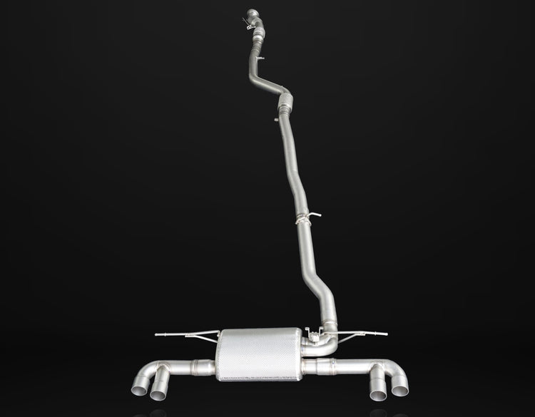 A top wide view of IPE SS Cat-Back Exhaust System with Remote Control for BMW 520i / 525i / 530i / 525Li / 530Li (G30/G38 - B48) 2016-2023 with black background