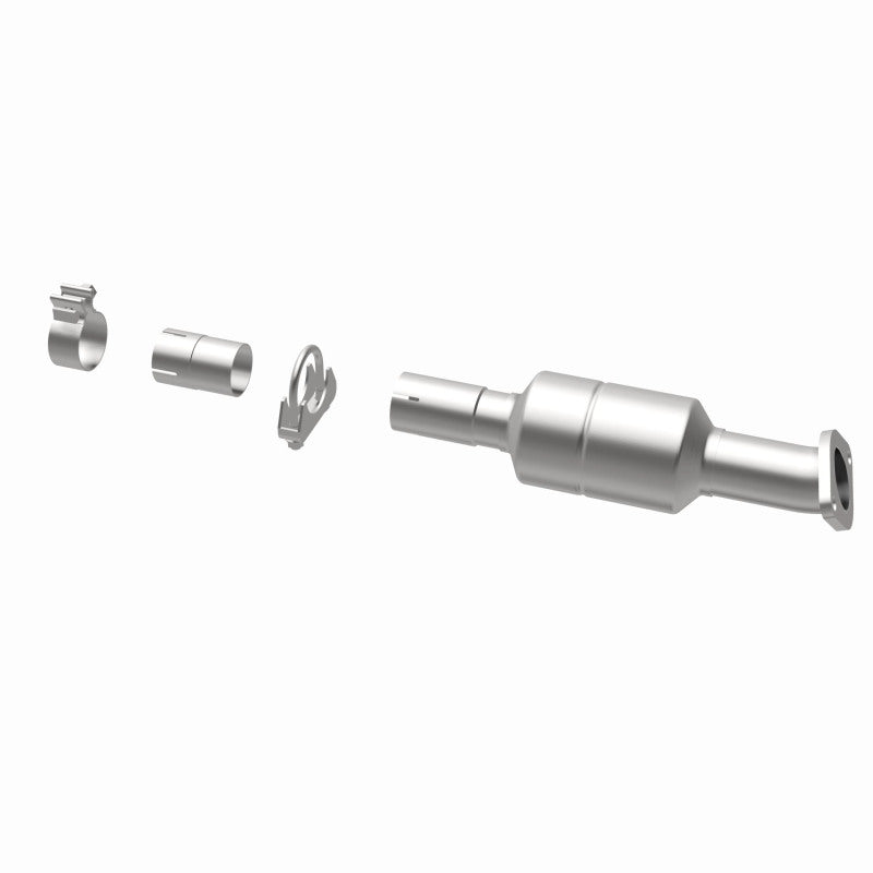 MagnaFlow 5571924 carb direct-fit catalytic converter, opposite rear three-quarter view of the turntable spin