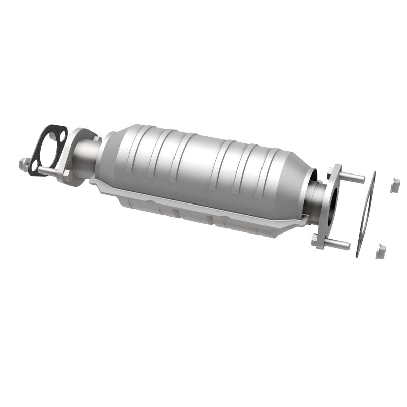 MagnaFlow 5571653 carb direct-fit catalytic converter, opposite rear three-quarter view of the turntable spin