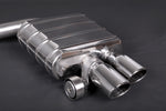 Capristo Alpina B5 F10 valved muffler with polished twin tips and valve, close-up