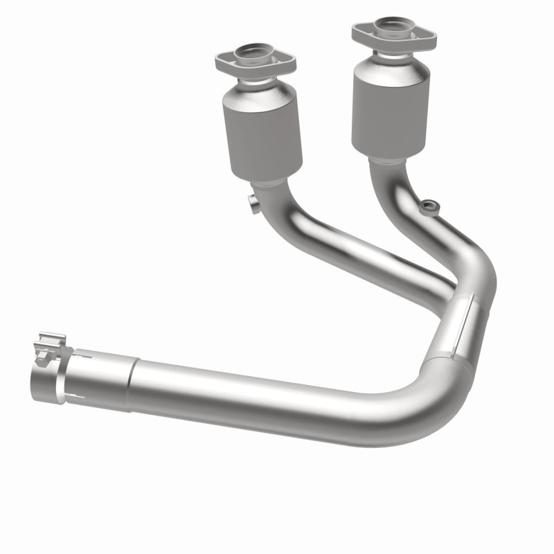 MagnaFlow 4583386 carb direct-fit catalytic converter, opposite rear three-quarter view of the turntable spin