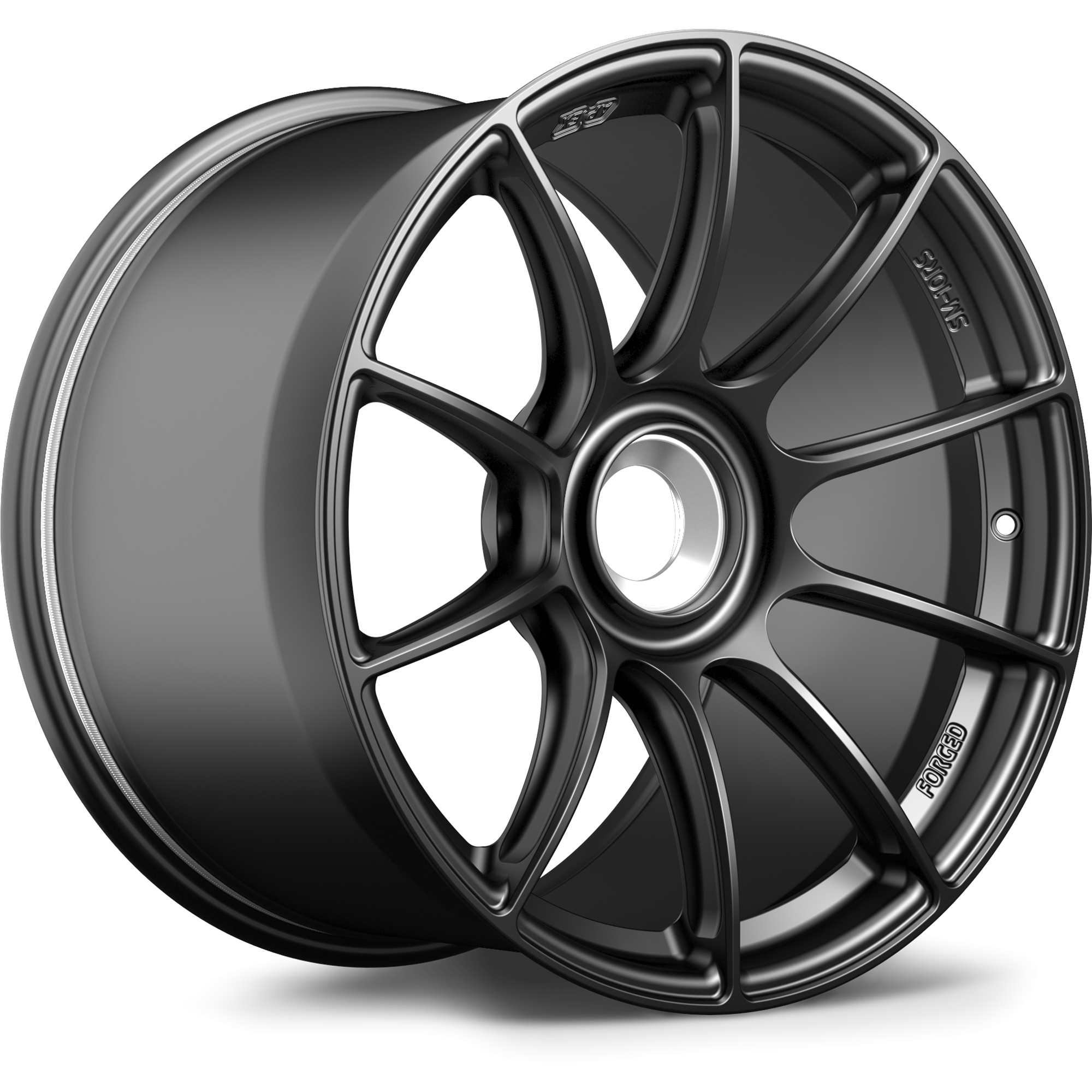 Gunmetal colored alloy wheel with ten-spoke design shown at angle on clean white background - APEX Wheels wheel for 19x12 ET47 PSCL - Satin Black