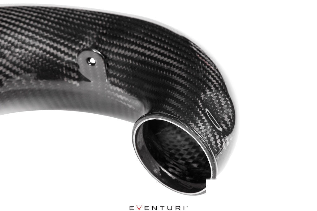 Curved carbon fiber intake pipe with polished aluminum clamp and mounting bracket on white background - Eventuri charge pipe for Honda FL5 Civic Type R