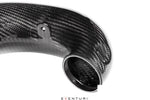 Curved carbon fiber intake pipe with polished aluminum clamp and mounting bracket on white background - Eventuri charge pipe for Honda FL5 Civic Type R