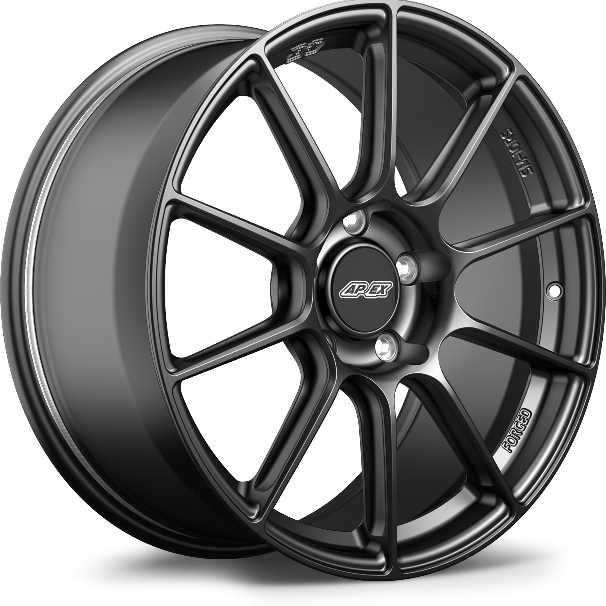 Single gunmetal grey alloy wheel with ten-spoke design and five-bolt center hub pattern on white background - APEX Wheels wheel for 19x9 ET50 5x130 - Satin Black