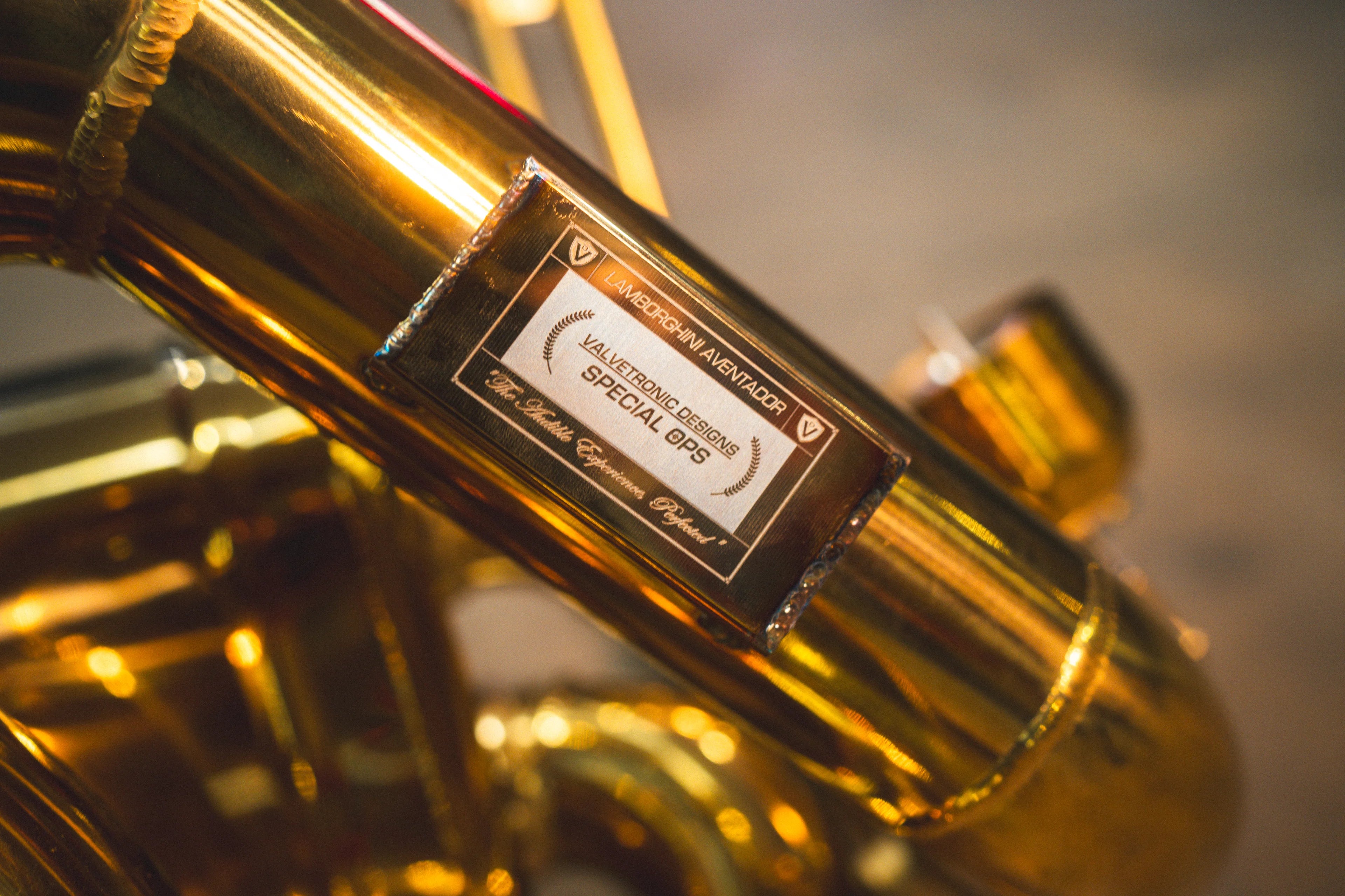 Detailed close-up of a metal identification plaque on the gold piping labeled "Lamborghini Aventador Valvetronic Designs Special Ops."