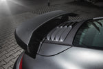 A close up view of TECHART Rear Spoiler II Profile Carbon "matte" for Porsche 991 / 981 / 718 / 971 fitted on a car 