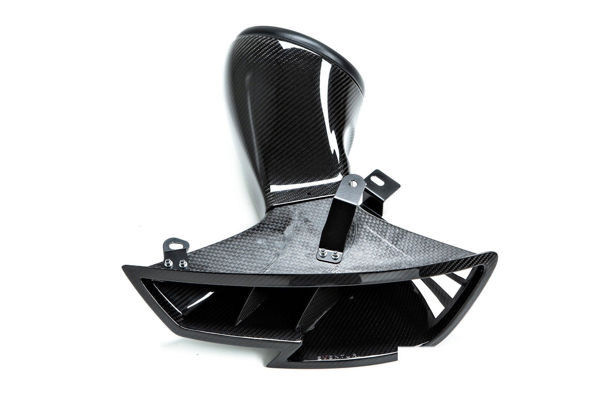 Black carbon fiber headlamp race duct with curved funnel shape and mounting brackets on white background - Eventuri headlamp race duct for Audi RS3