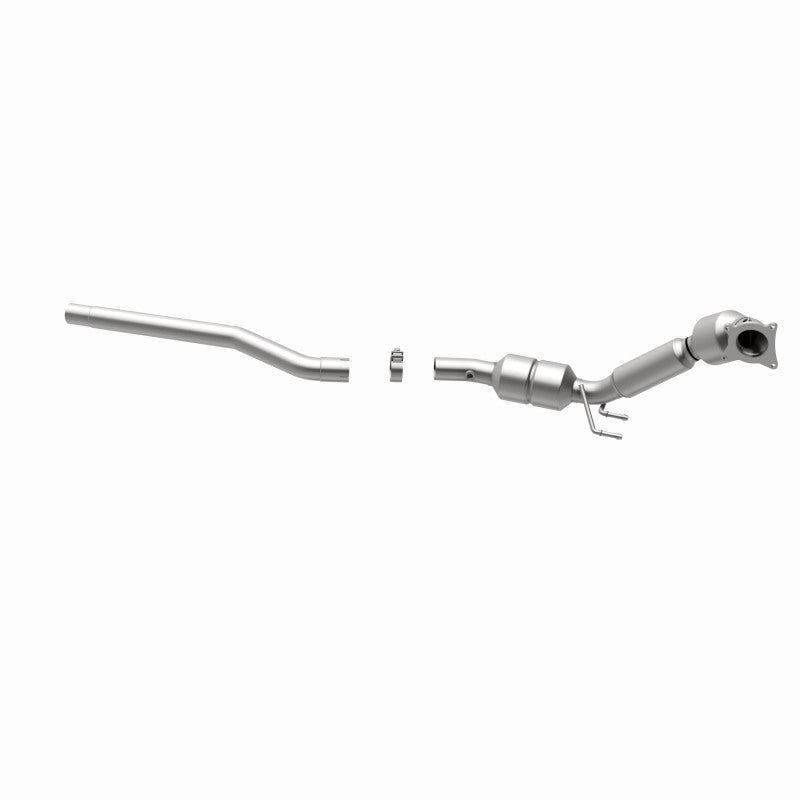 MagnaFlow 551361 carb direct-fit catalytic converter, opposite rear three-quarter view of the turntable spin