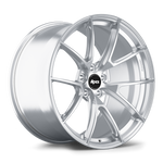Silver machined aluminum wheel with ten-spoke design and black center cap on white background - APEX Wheels wheel for 21x12 ET52 5x120 - Brushed Clear