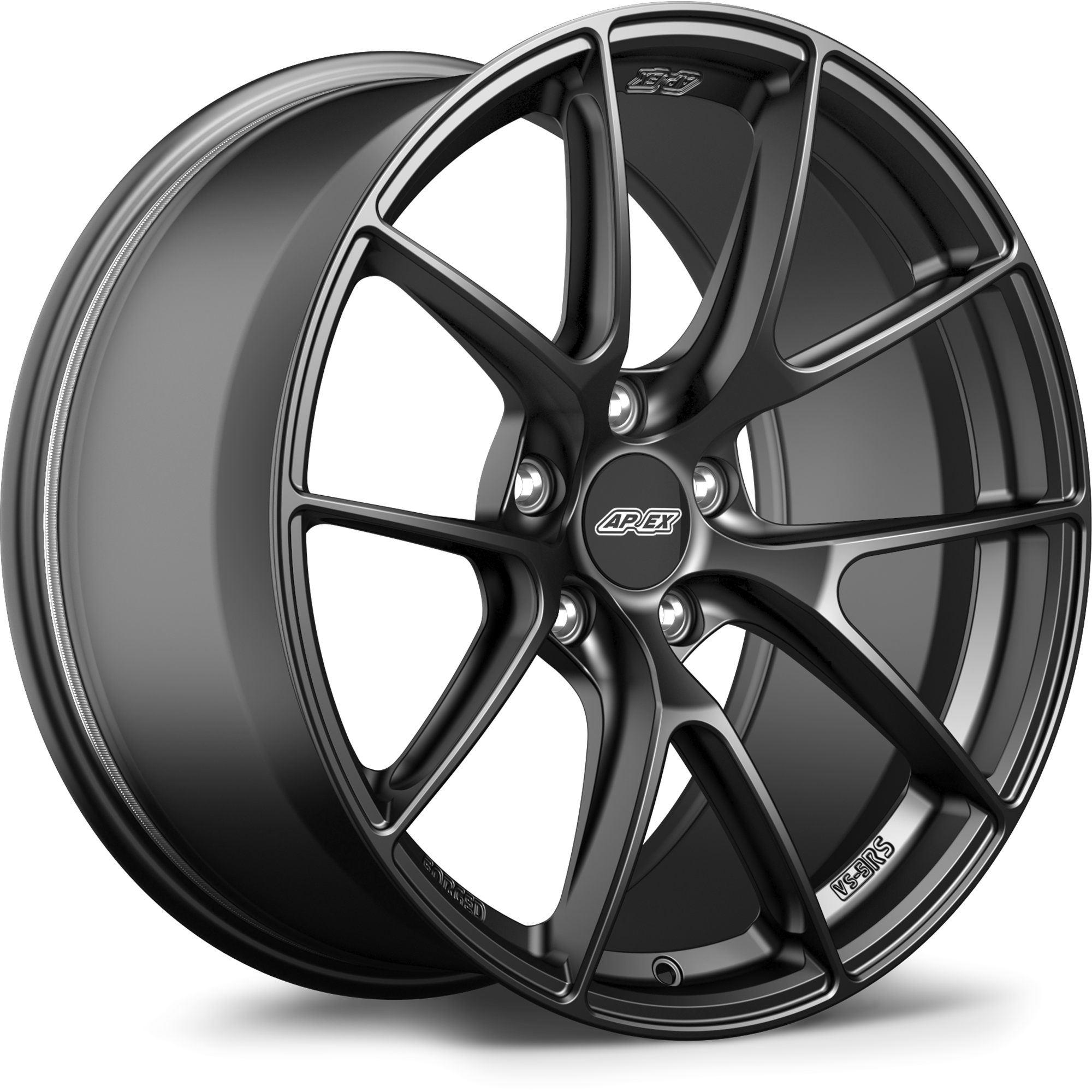 Dark gunmetal forged wheel with Y-spoke design and center cap on clean white background - APEX Wheels wheel for 19x9 ET25 5x112 - Satin Black