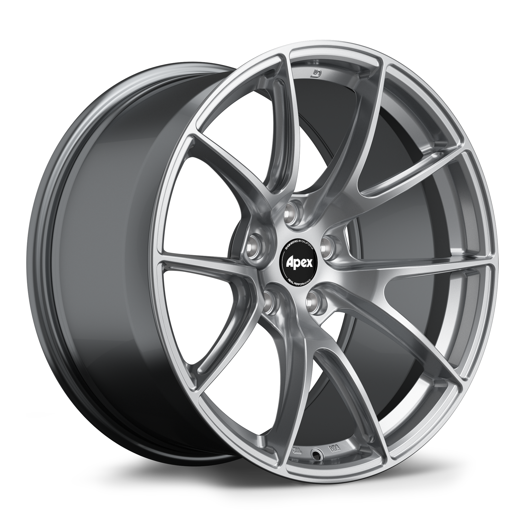 Silver alloy wheel with multi-spoke design and five bolt pattern, displayed at three-quarter angle showing face and barrel - APEX Wheels wheel for 19x9.5 ET22 5x120 - Hyper Black