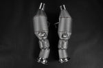 Pair of Capristo Ferrari 296 cat spare downpipes in metal heat jackets
