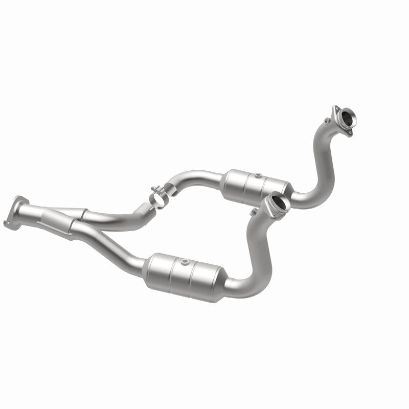 MagnaFlow 5451760 carb direct-fit catalytic converter, opposite rear three-quarter view of the turntable spin
