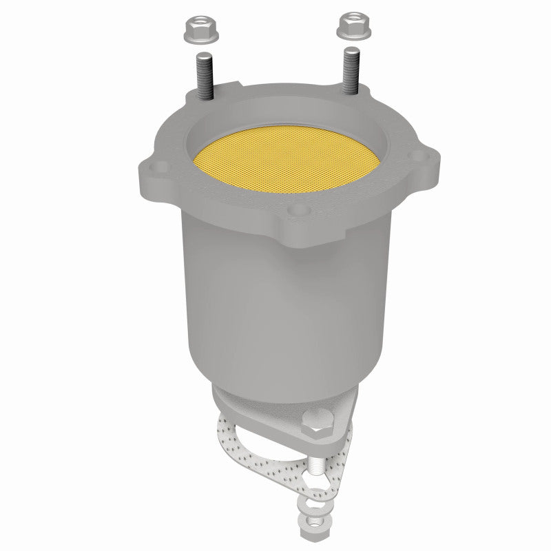 MagnaFlow 4583457 carb direct-fit catalytic converter, rear three-quarter view of the turntable spin