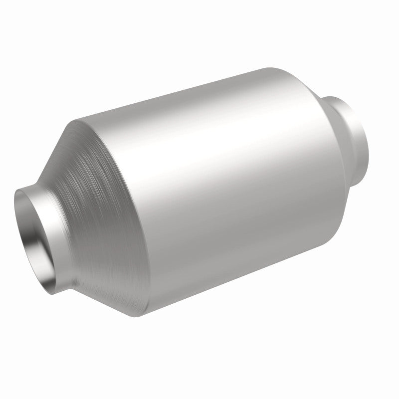 MagnaFlow 5551209 universal catalytic converter, front three-quarter view of the turntable spin
