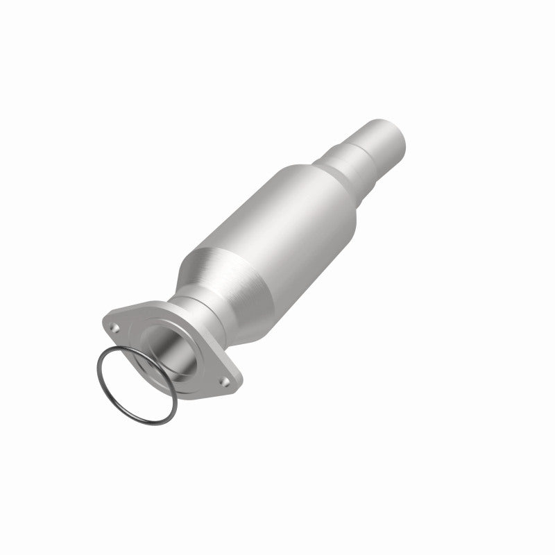 MagnaFlow 5421024 carb direct-fit catalytic converter, opposite front three-quarter view of the turntable spin