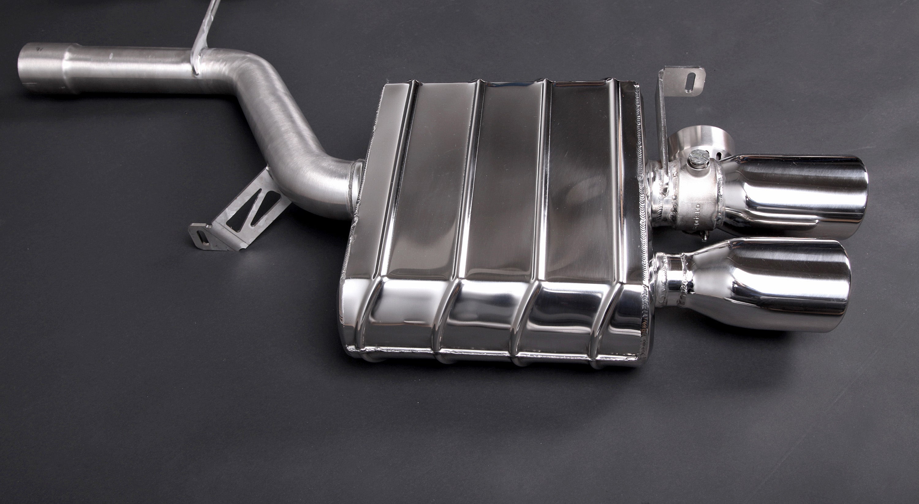 Capristo Alpina B5 BiTurbo valved muffler with polished twin tips, side view