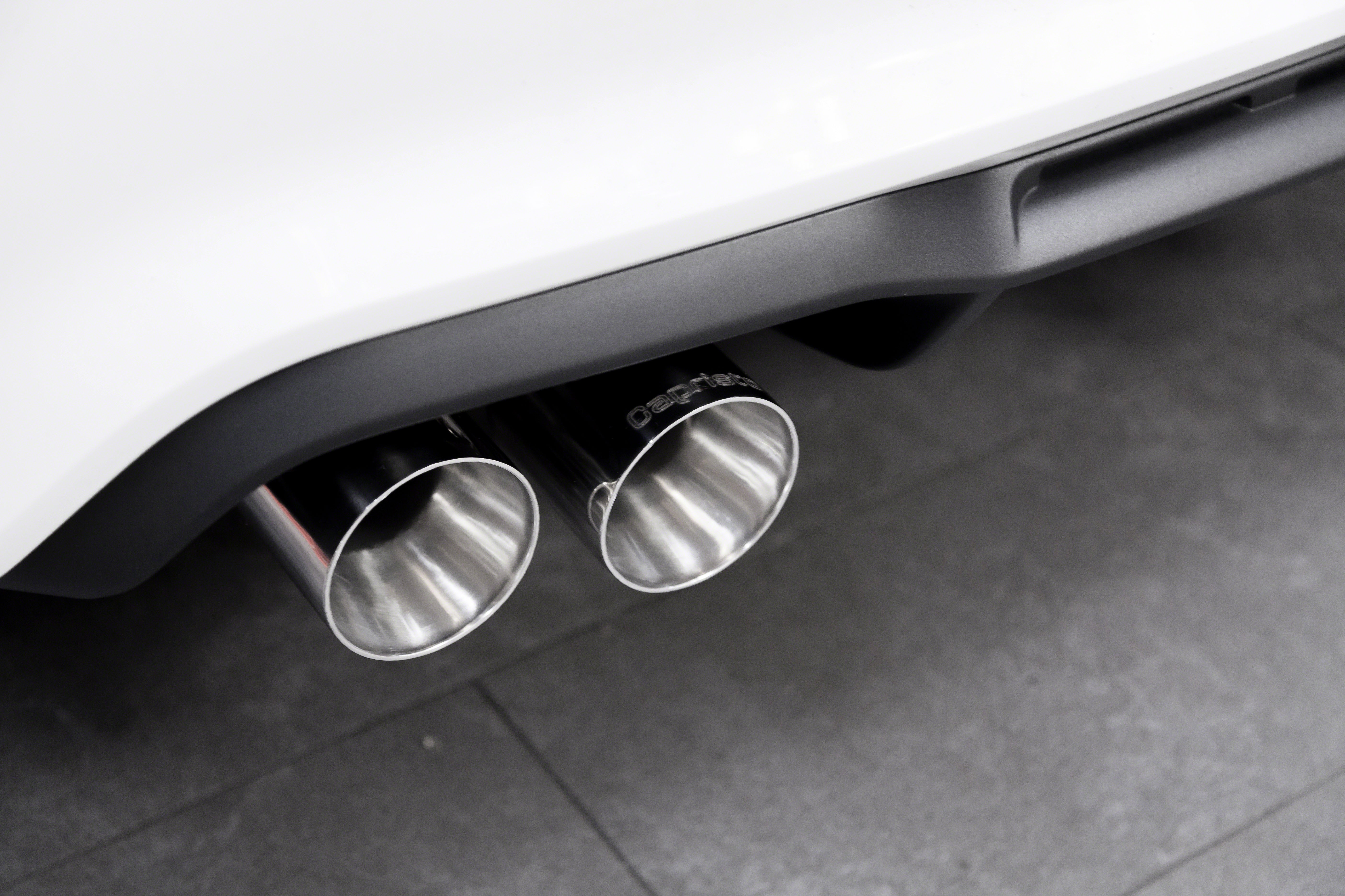 White BMW M2 F87 rear bumper with Capristo polished twin tips