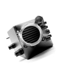 Chargecooler end tank with round outlet and visible internal fins