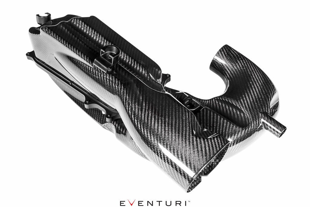 Carbon fiber intake assembly with curved inlet tube and rectangular airbox housing featuring glossy woven finish - Eventuri intake for Mercedes-Benz C63