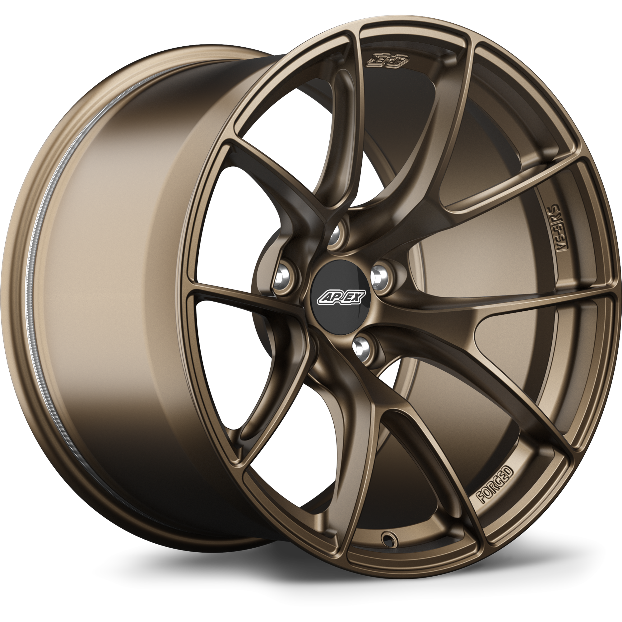 Bronze finished alloy wheel with Y-spoke design showing five bolt pattern and center cap on white background - APEX Wheels wheel for 18x10 ET15 5x114.3 - Satin Bronze