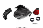 Complete intake kit with carbon fiber airbox, curved inlet tube, red cone air filter, rubber couplers and mounting bolts - Eventuri intake for Toyota Supra