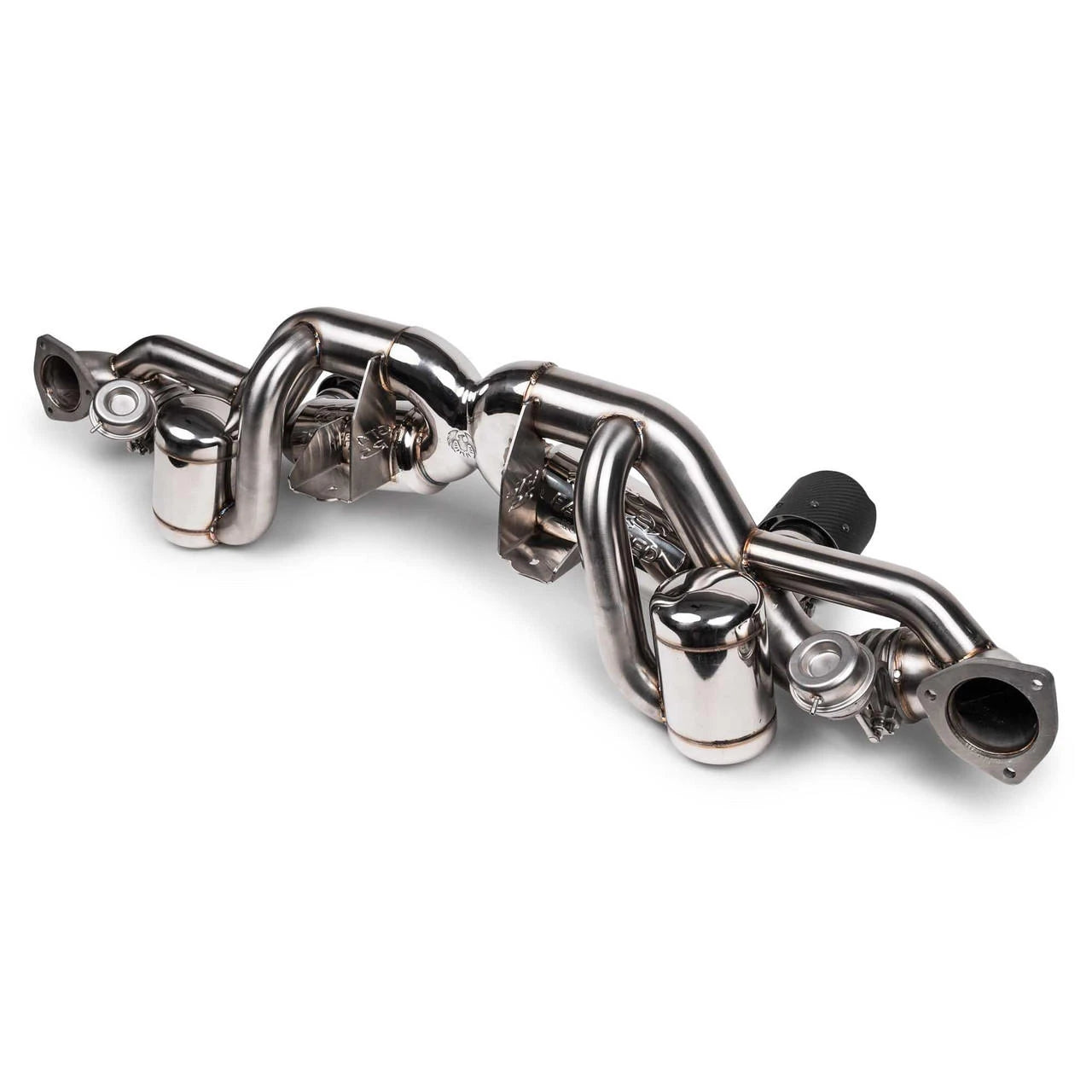 Fabspeed GT4 RS valved X-pipe exhaust, angled side view