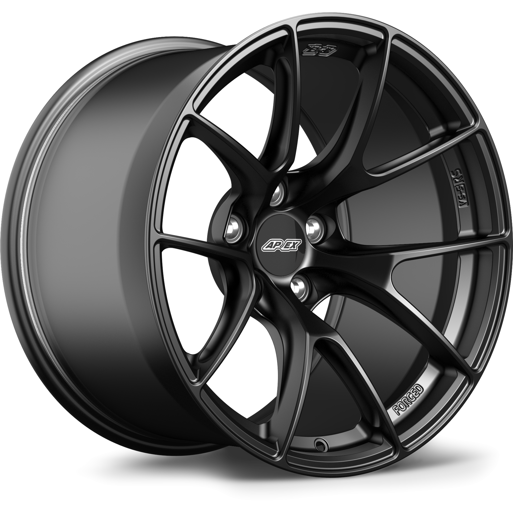 Black forged alloy wheel with five-spoke design and center cap on white background - APEX Wheels wheel for 18x10.5 ET22 5x120 - Satin Black