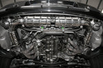 Capristo exhaust installed under a Porsche 997 Turbo, view of mufflers and turbos